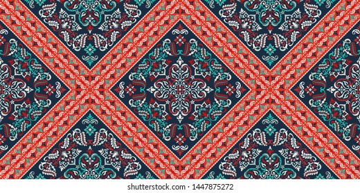 Seamless pattern based on ornament paisley Bandana Print. Boho vintage style vector background. Silk neck scarf or kerchief square pattern design style, best motive for print on fabric or papper.