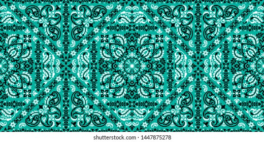 Seamless pattern based on ornament paisley Bandana Print. Boho vintage style vector background. Silk neck scarf or kerchief square pattern design style, best motive for print on fabric or papper.