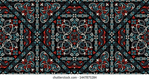 Seamless pattern based on ornament paisley Bandana Print. Boho vintage style vector background. Silk neck scarf or kerchief square pattern design style, best motive for print on fabric or papper.