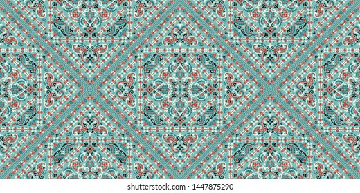 Seamless pattern based on ornament paisley Bandana Print. Boho vintage style vector background. Silk neck scarf or kerchief square pattern design style, best motive for print on fabric or papper.