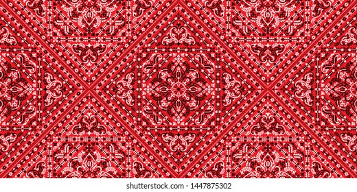 Seamless pattern based on ornament paisley Bandana Print. Boho vintage style vector background. Silk neck scarf or kerchief square pattern design style, best motive for print on fabric or papper.