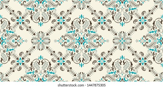 Seamless pattern based on ornament paisley Bandana Print. Boho vintage style vector background. Silk neck scarf or kerchief square pattern design style, best motive for print on fabric or papper.