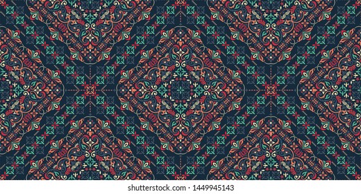 Seamless pattern based on ornament paisley Bandana Print. Boho vintage style vector background. Silk neck scarf or kerchief square pattern design style, best motive for print on fabric or papper.