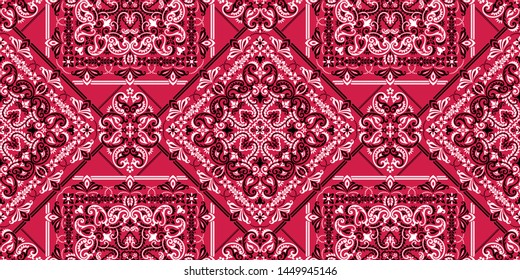 Seamless pattern based on ornament paisley Bandana Print. Boho vintage style vector background. Silk neck scarf or kerchief square pattern design style, best motive for print on fabric or papper.