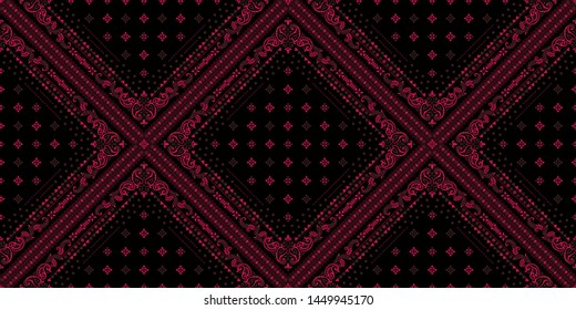 Seamless pattern based on ornament paisley Bandana Print. Boho vintage style vector background. Silk neck scarf or kerchief square pattern design style, best motive for print on fabric or papper.