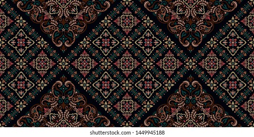 Seamless pattern based on ornament paisley Bandana Print. Boho vintage style vector background. Silk neck scarf or kerchief square pattern design style, best motive for print on fabric or papper.