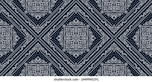 Seamless pattern based on ornament paisley Bandana Print. Boho vintage style vector background. Silk neck scarf or kerchief square pattern design style, best motive for print on fabric or papper.