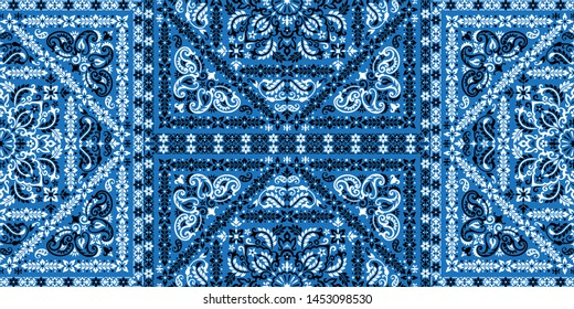 Seamless pattern based on ornament paisley Bandana Print. Boho vintage style vector background. Silk neck scarf or kerchief square pattern design style, best motive for print on fabric or papper.