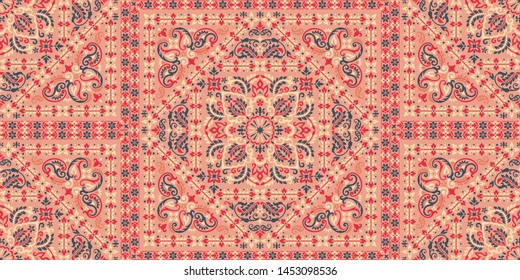 Seamless pattern based on ornament paisley Bandana Print. Boho vintage style vector background. Silk neck scarf or kerchief square pattern design style, best motive for print on fabric or papper.