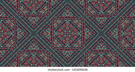 Seamless pattern based on ornament paisley Bandana Print. Boho vintage style vector background. Silk neck scarf or kerchief square pattern design style, best motive for print on fabric or papper.