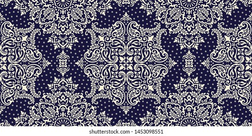 Seamless pattern based on ornament paisley Bandana Print. Boho vintage style vector background. Silk neck scarf or kerchief square pattern design style, best motive for print on fabric or papper.