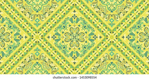 Seamless pattern based on ornament paisley Bandana Print. Boho vintage style vector background. Silk neck scarf or kerchief square pattern design style, best motive for print on fabric or papper.