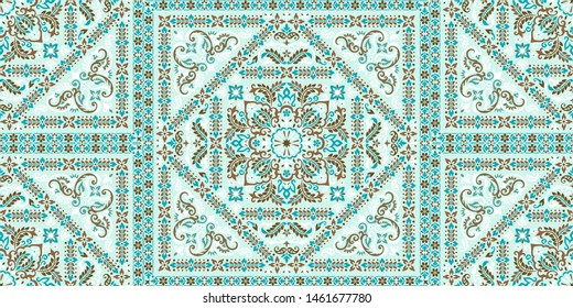 Seamless pattern based on ornament paisley Bandana Print. Boho vintage style vector background. Silk neck scarf or kerchief square pattern design style, best motive for print on fabric or papper.