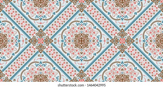 Seamless pattern based on ornament paisley Bandana Print. Boho vintage style vector background. Silk neck scarf or kerchief square pattern design style, best motive for print on fabric or papper.