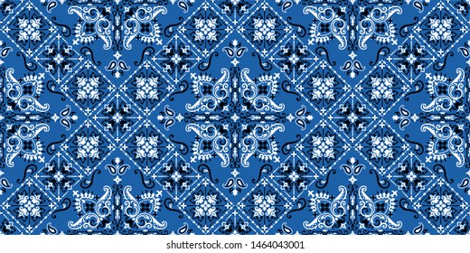 Seamless pattern based on ornament paisley Bandana Print. Boho vintage style vector background. Silk neck scarf or kerchief square pattern design style, best motive for print on fabric or papper.