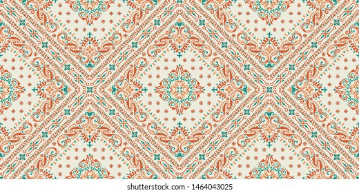 Seamless pattern based on ornament paisley Bandana Print. Boho vintage style vector background. Silk neck scarf or kerchief square pattern design style, best motive for print on fabric or papper.