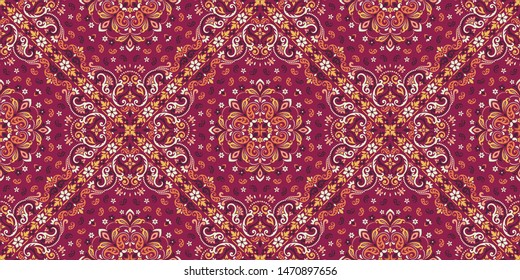 Seamless pattern based on ornament paisley Bandana Print. Boho vintage style vector background. Silk neck scarf or kerchief square pattern design style, best motive for print on fabric or papper.