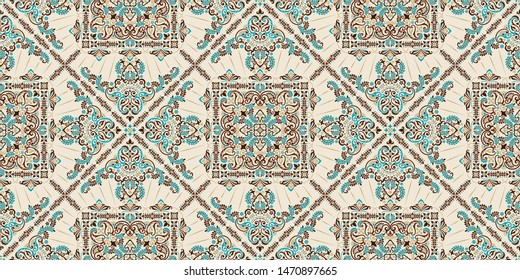 Seamless pattern based on ornament paisley Bandana Print. Boho vintage style vector background. Silk neck scarf or kerchief square pattern design style, best motive for print on fabric or papper.