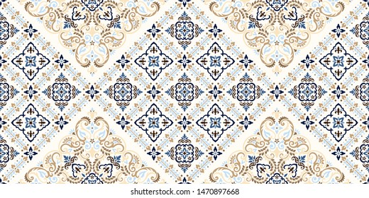 Seamless pattern based on ornament paisley Bandana Print. Boho vintage style vector background. Silk neck scarf or kerchief square pattern design style, best motive for print on fabric or papper.