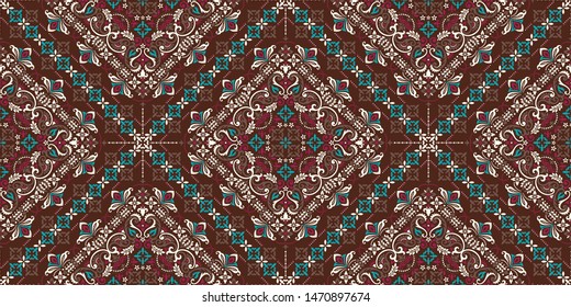 Seamless pattern based on ornament paisley Bandana Print. Boho vintage style vector background. Silk neck scarf or kerchief square pattern design style, best motive for print on fabric or papper.