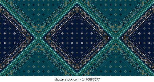 Seamless pattern based on ornament paisley Bandana Print. Boho vintage style vector background. Silk neck scarf or kerchief square pattern design style, best motive for print on fabric or papper.