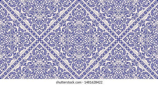 Seamless pattern based on ornament paisley Bandana Print. Boho vintage style vector background. Silk neck scarf or kerchief square pattern design style, best motive for print on fabric or papper.