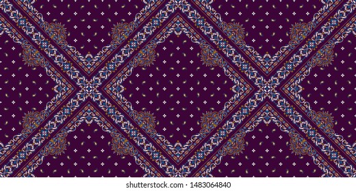 Seamless pattern based on ornament paisley Bandana Print. Boho vintage style vector background. Silk neck scarf or kerchief square pattern design style, best motive for print on fabric or papper.