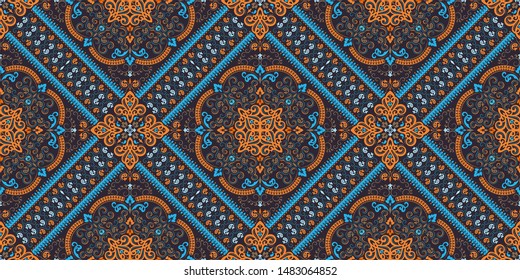 Seamless pattern based on ornament paisley Bandana Print. Boho vintage style vector background. Silk neck scarf or kerchief square pattern design style, best motive for print on fabric or papper.