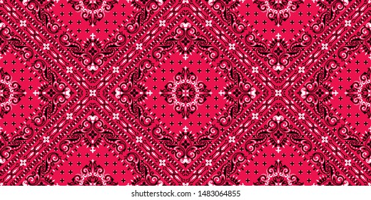 Seamless pattern based on ornament paisley Bandana Print. Boho vintage style vector background. Silk neck scarf or kerchief square pattern design style, best motive for print on fabric or papper.