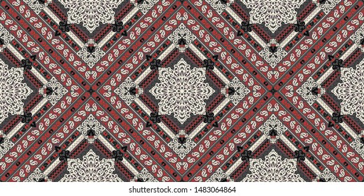 Seamless pattern based on ornament paisley Bandana Print. Boho vintage style vector background. Silk neck scarf or kerchief square pattern design style, best motive for print on fabric or papper.