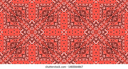 Seamless pattern based on ornament paisley Bandana Print. Boho vintage style vector background. Silk neck scarf or kerchief square pattern design style, best motive for print on fabric or papper.
