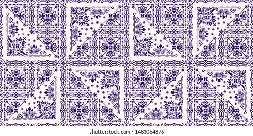 Seamless pattern based on ornament paisley Bandana Print. Boho vintage style vector background. Silk neck scarf or kerchief square pattern design style, best motive for print on fabric or papper.