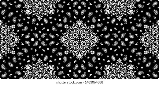 Seamless pattern based on ornament paisley Bandana Print. Boho vintage style vector background. Silk neck scarf or kerchief square pattern design style, best motive for print on fabric or papper.