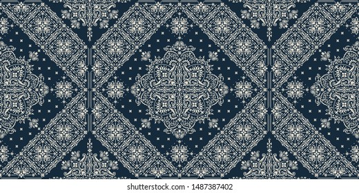 Seamless pattern based on ornament paisley Bandana Print. Boho vintage style vector background. Silk neck scarf or kerchief square pattern design style, best motive for print on fabric or papper.