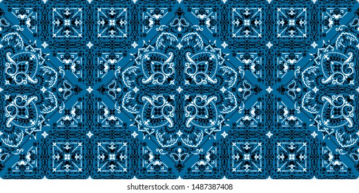 Seamless pattern based on ornament paisley Bandana Print. Boho vintage style vector background. Silk neck scarf or kerchief square pattern design style, best motive for print on fabric or papper.