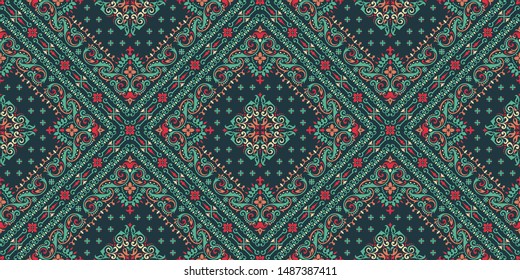 Seamless pattern based on ornament paisley Bandana Print. Boho vintage style vector background. Silk neck scarf or kerchief square pattern design style, best motive for print on fabric or papper.