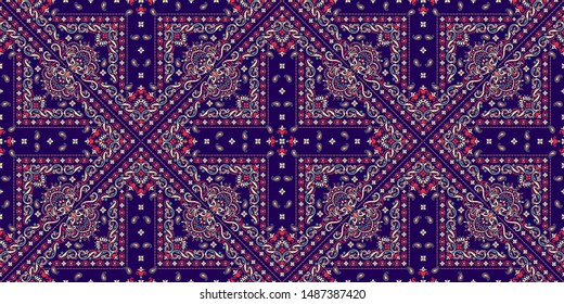 Seamless pattern based on ornament paisley Bandana Print. Boho vintage style vector background. Silk neck scarf or kerchief square pattern design style, best motive for print on fabric or papper.