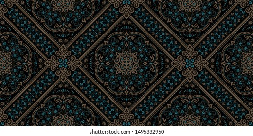 Seamless pattern based on ornament paisley Bandana Print. Boho vintage style vector background. Silk neck scarf or kerchief square pattern design style, best motive for print on fabric or papper.