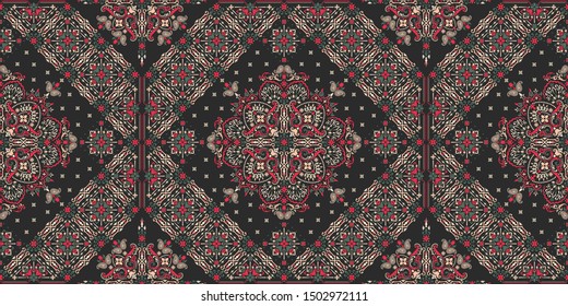 Seamless pattern based on ornament paisley Bandana Print. Boho vintage style vector background. Silk neck scarf or kerchief square pattern design style, best motive for print on fabric or papper.