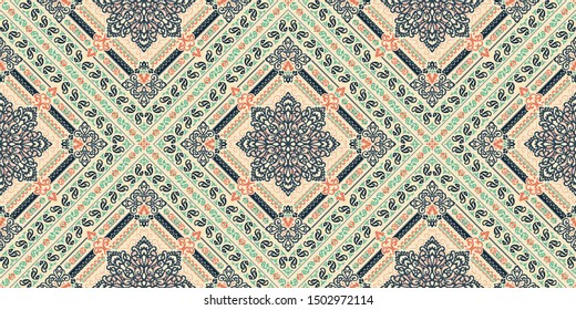 Seamless pattern based on ornament paisley Bandana Print. Boho vintage style vector background. Silk neck scarf or kerchief square pattern design style, best motive for print on fabric or papper.