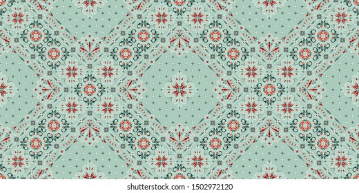 Seamless pattern based on ornament paisley Bandana Print. Boho vintage style vector background. Silk neck scarf or kerchief square pattern design style, best motive for print on fabric or papper.