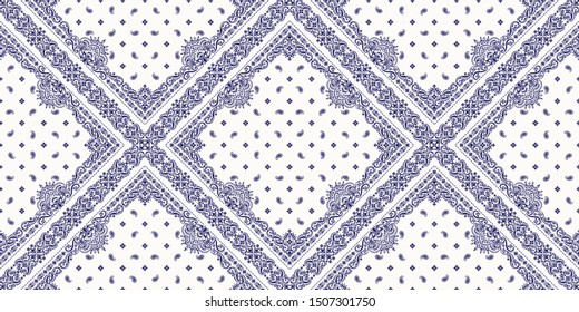 Seamless pattern based on ornament paisley Bandana Print. Boho vintage style vector background. Silk neck scarf or kerchief square pattern design style, best motive for print on fabric or papper.