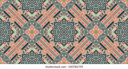Seamless pattern based on ornament paisley Bandana Print. Boho vintage style vector background. Silk neck scarf or kerchief square pattern design style, best motive for print on fabric or papper.