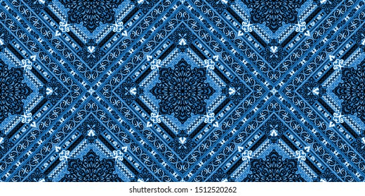 Seamless pattern based on ornament paisley Bandana Print. Boho vintage style vector background. Silk neck scarf or kerchief square pattern design style, best motive for print on fabric or papper.