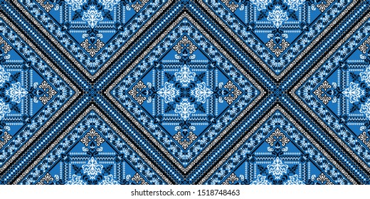 Seamless pattern based on ornament paisley Bandana Print. Boho vintage style vector background. Silk neck scarf or kerchief square pattern design style, best motive for print on fabric or papper.