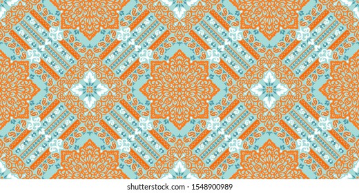 Seamless pattern based on ornament paisley Bandana Print. Boho vintage style vector background. Silk neck scarf or kerchief square pattern design style, best motive for print on fabric or papper.