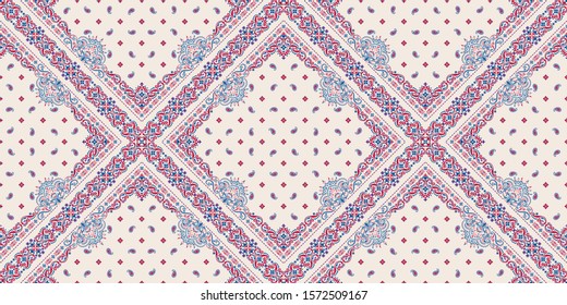 Seamless pattern based on ornament paisley Bandana Print. Boho vintage style vector background. Silk neck scarf or kerchief square pattern design style, best motive for print on fabric or papper.