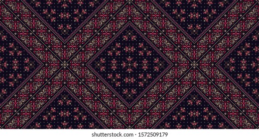 Seamless pattern based on ornament paisley Bandana Print. Boho vintage style vector background. Silk neck scarf or kerchief square pattern design style, best motive for print on fabric or papper.