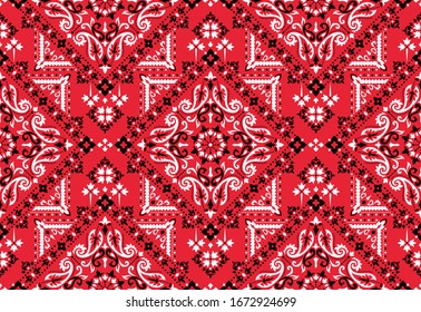 Seamless pattern based on ornament paisley Bandana Print. Boho vintage style vector background. Silk neck scarf or kerchief square pattern design style, best motive for print on fabric or papper.