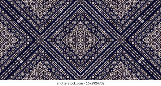 Seamless pattern based on ornament paisley Bandana Print. Boho vintage style vector background. Silk neck scarf or kerchief square pattern design style, best motive for print on fabric or papper.